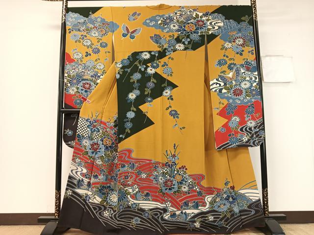 平和屋着物●豪華振袖　型染め　流水鴛鴦花文　正絹　逸品　CABB4809vp