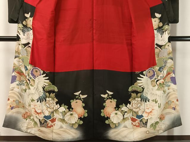平和屋着物○アンティーク 大正ロマン 黒留袖 駒刺繍 飛鶴吉祥花文