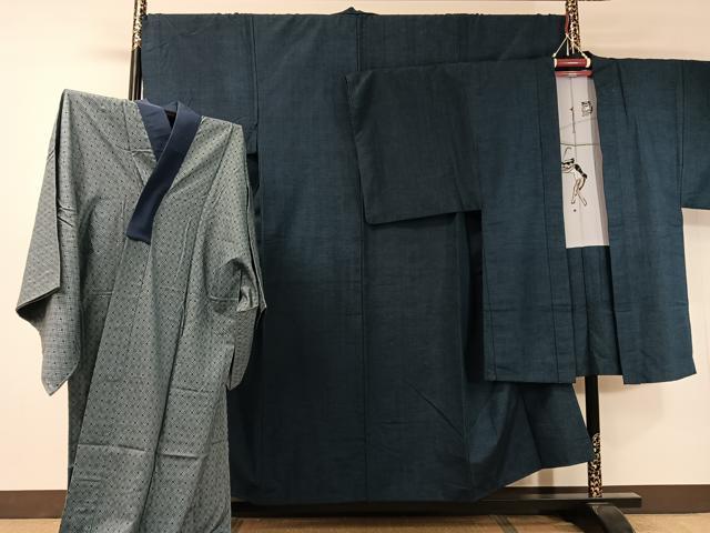 平和屋着物●男性　紬　アンサンブル　長襦袢セット　留紺色　正絹　逸品　CABB5069vp 平和屋着物○男性 紬 アンサンブル 長襦袢セット 留紺色 正絹 逸品