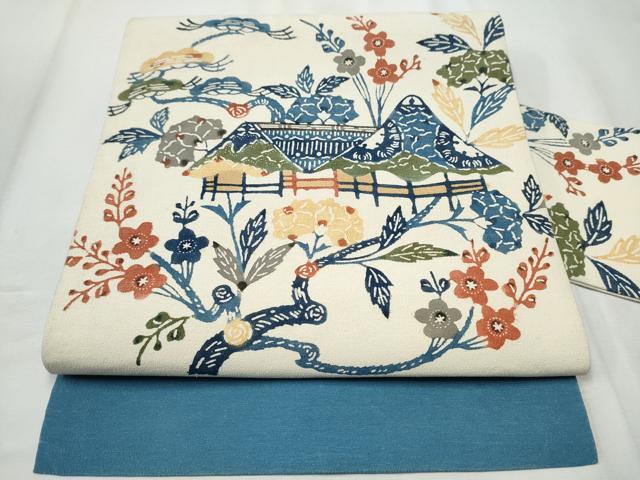 平和屋着物●九寸名古屋帯　型染め　風景草花文　お召縮緬　正絹　逸品　CABB5609hy