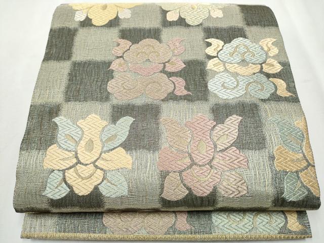 平和屋着物●京の名工　染匠　越後屋通博　六通柄袋帯　御寮染　市松花文　金糸　正絹　逸品　CABB5637hy