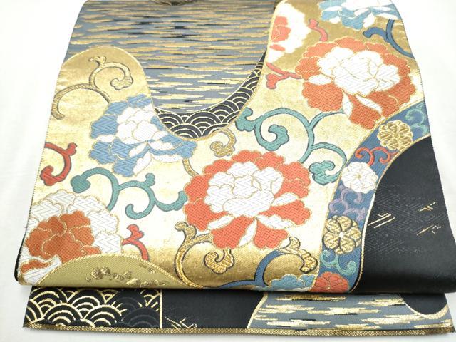 平和屋着物●西陣　六通柄袋帯　国風錦　黒地　本金箔　証紙付き　正絹　逸品　CABB5653hy
