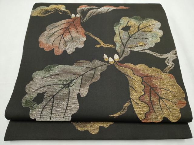 平和屋着物●太鼓柄　京袋帯　総刺繍　枝葉文　黒地　金銀糸　正絹　逸品　CABB5698hy
