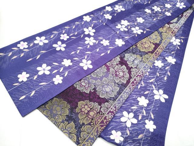 平和屋着物●両面　全通柄袋帯　枝垂れ桜文　銀通し地　正絹　逸品　CABB5704hy