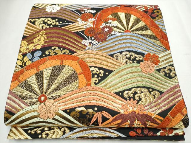 平和屋着物●六通柄袋帯　唐織　片輪車流水草花文　黒地　金糸　正絹　逸品　CABB5723hy