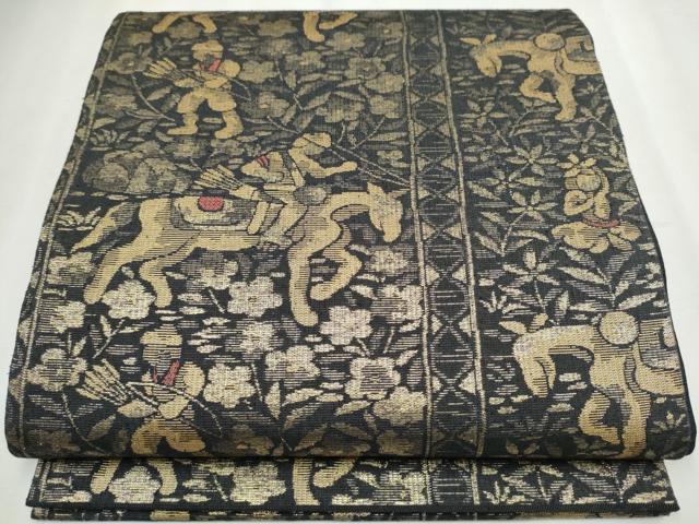 平和屋着物●六通柄袋帯　紬地　狩猟文　金糸　正絹　逸品　CABB5724hy