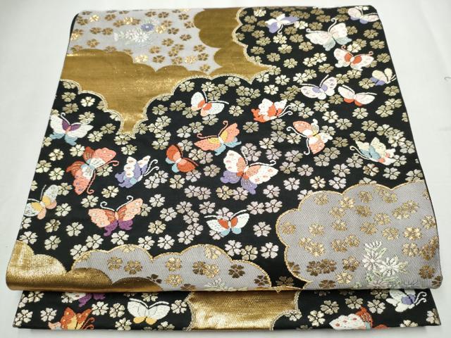 平和屋着物●六通柄袋帯　唐織　雲重ね花蝶文　黒地　金糸　正絹　逸品　CABB5725hy