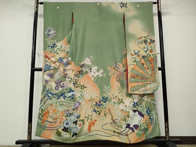 平和屋着物●アンティーク　大正ロマン　振袖　刺繍　几帳草花尽くし　金銀彩　正絹　逸品　CABB6002ut