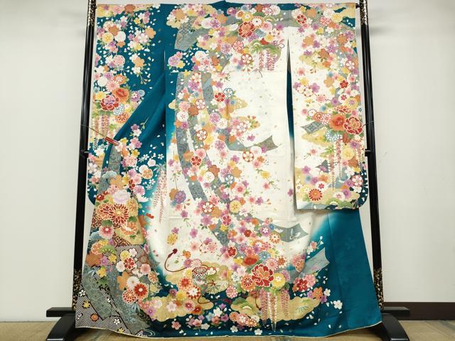平和屋着物●豪華振袖　駒刺繍　地紙熨斗貝桶花文　暈し染め　銀通し地　正絹　逸品　CABB6269ut 平和屋着物○豪華振袖 駒刺繍 地紙熨斗貝桶花文 暈し染め 銀通し地