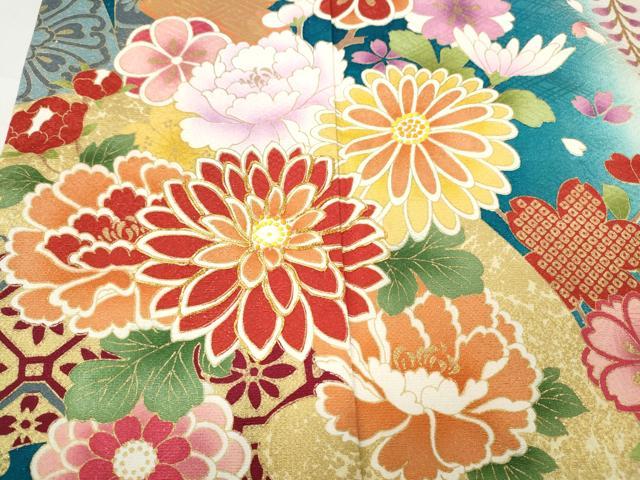 平和屋着物●豪華振袖　駒刺繍　地紙熨斗貝桶花文　暈し染め　銀通し地　正絹　逸品　CABB6269ut 平和屋着物○豪華振袖 駒刺繍 地紙熨斗貝桶花文 暈し染め 銀通し地
