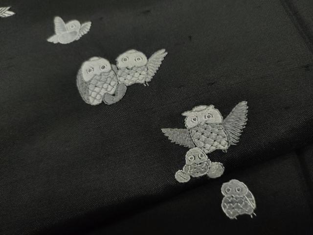 平和屋着物●訪問着　紬地　総刺繍　フクロウ　黒地　正絹　逸品　CABB6286ut_6
