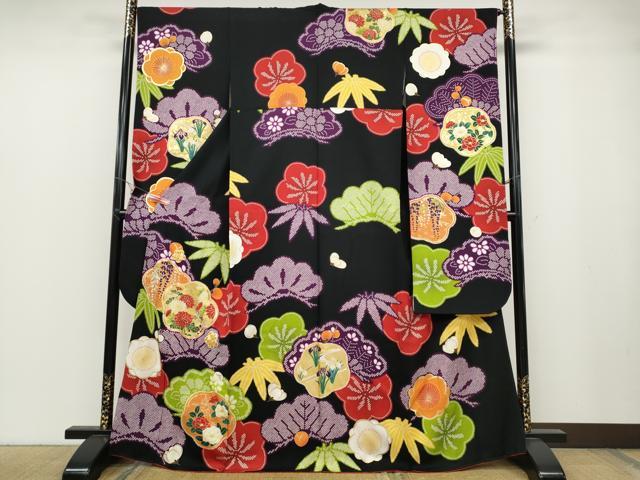 平和屋着物●豪華振袖　駒刺繍　草花尽くし　黒地　金彩　正絹　逸品　CABB6295ut