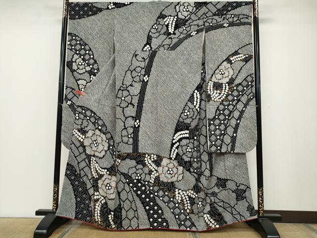 平和屋着物●豪華振袖　総絞り　駒刺繍　吉祥花文　黒地　金彩　さが美扱い　正絹　逸品　CABB6298ut