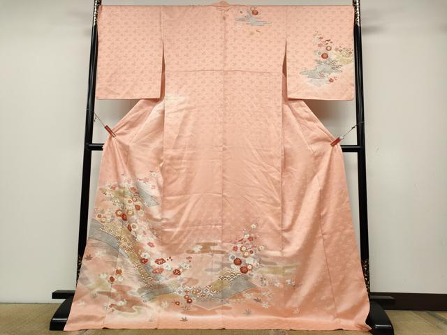平和屋着物●訪問着　駒刺繍　松皮菱枝花文　金彩　ロング丈　正絹　逸品　CABB6398ut