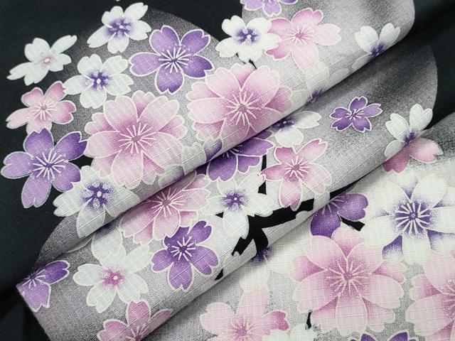 平和屋着物∴夏物 浴衣 綿紅梅 ラメ 舞桜 黒地 綿 逸品 CABB6567ngの