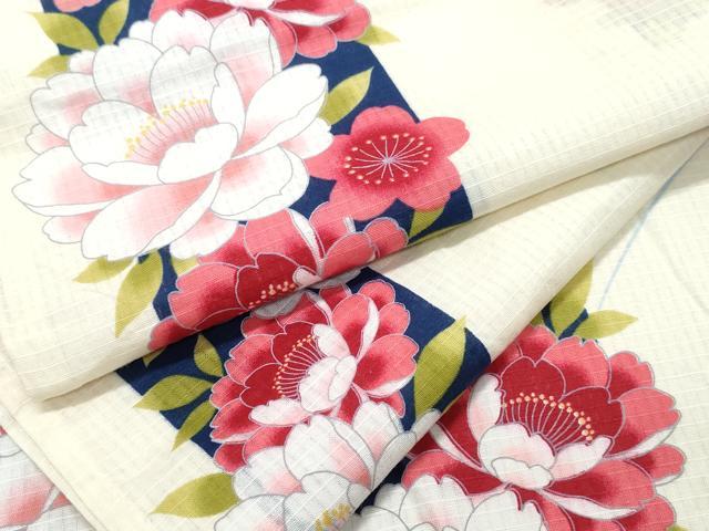平和屋着物∴夏物　浴衣　綿紅梅　牡丹花文　綿　逸品　CABB6569ng