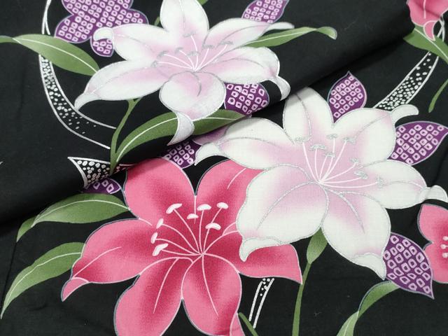平和屋着物∴夏物　浴衣　百合　ゆり　黒地　銀彩　綿　逸品　CABB6575ng