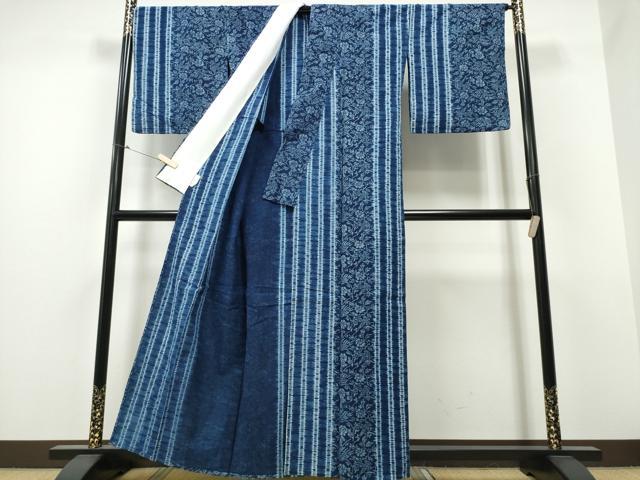平和屋着物∴夏物　越後型正藍染　紺仁工房　浴衣　鳳凰花唐草間道　反端付き　綿　逸品　CABB6668ng