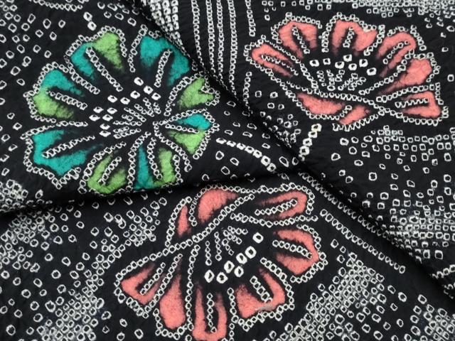 平和屋着物∴夏物　浴衣　有松鳴海絞り　草花文　黒地　綿　逸品　CABB6734ng