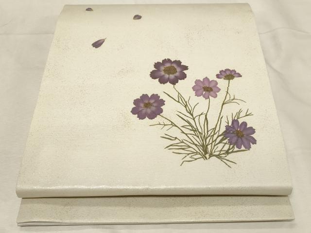 平和屋着物●九寸開き名古屋帯　きぬはく　伝統工芸士　白井功　11月コスモス　金彩　正絹　逸品　CABB7203dy
