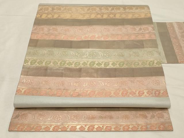 平和屋着物●九寸名古屋帯　横段草花文　金糸　正絹　逸品　CABB7217dy