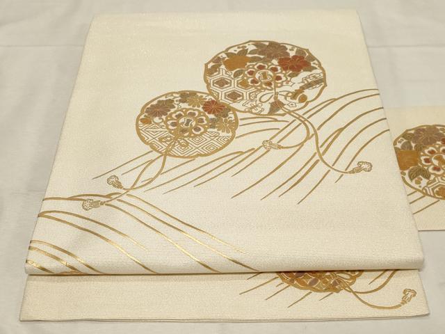 平和屋着物●九寸名古屋帯　鏡裏立波花文　金通し地　正絹　逸品　CABB7218dy
