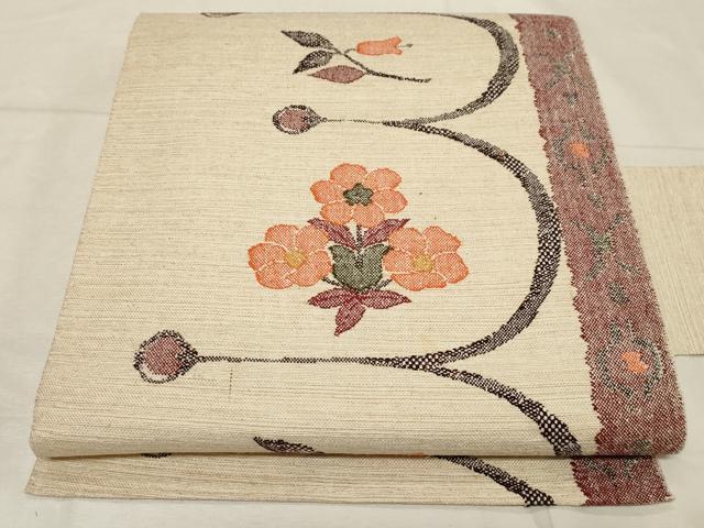 平和屋着物●八寸名古屋帯　紬地　草花文　名古屋仕立て　正絹　逸品　未使用　CABB7221dy