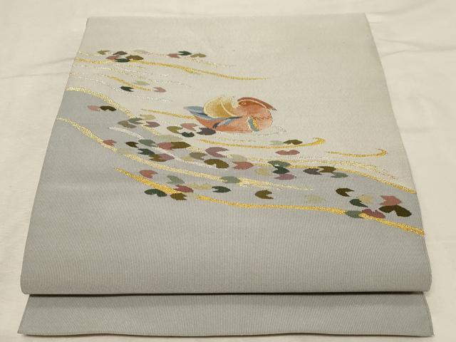 平和屋着物●爪＆#25620；き本綴れ　八寸名古屋帯　流水花鳥文　金銀糸　正絹　逸品　CABB7224dy