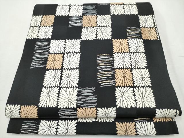 平和屋着物●六通柄袋帯　唐織　市松菊文　黒地　正絹　逸品　CABB9232hy 平和屋着物○六通柄袋帯 唐織 市松菊文 黒地 正絹 逸品 CABB9232hyの