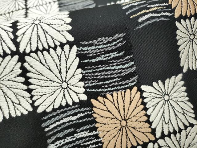 平和屋着物●六通柄袋帯　唐織　市松菊文　黒地　正絹　逸品　CABB9232hy 平和屋着物○六通柄袋帯 唐織 市松菊文 黒地 正絹 逸品 CABB9232hyの