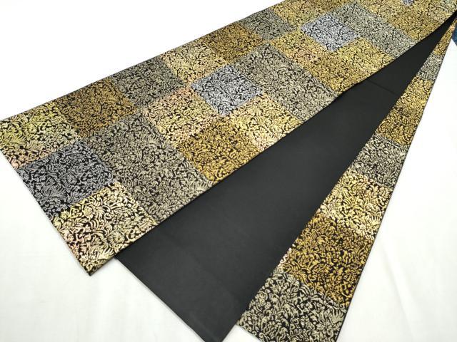 平和屋着物●全通柄袋帯　市松草花文　黒地　金銀糸　正絹　逸品　CABB9246hy 平和屋着物○全通柄袋帯 市松草花文 黒地 金銀糸 正絹 逸品 CABB9246hy