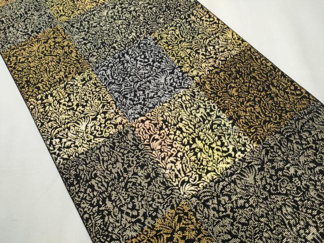 平和屋着物●全通柄袋帯　市松草花文　黒地　金銀糸　正絹　逸品　CABB9246hy 平和屋着物○全通柄袋帯 市松草花文 黒地 金銀糸 正絹 逸品 CABB9246hy