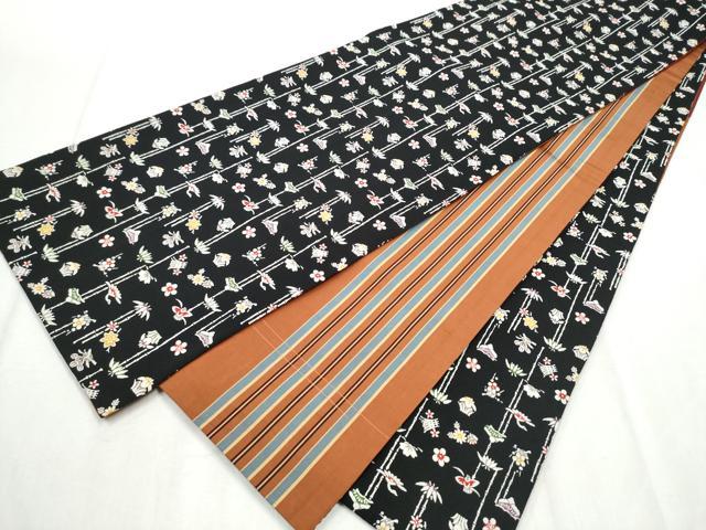 平和屋着物●両面　全通柄袋帯　型染め　草花音　黒地　鬼しぼ縮緬　正絹　逸品　CABB9325hy