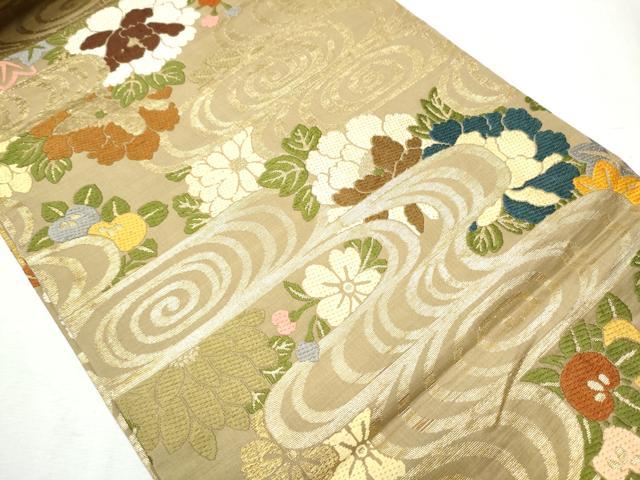 平和屋着物●アンティーク　大正ロマン　丸帯　唐織　流水花文　金糸　正絹　逸品　CABB9350hy_1