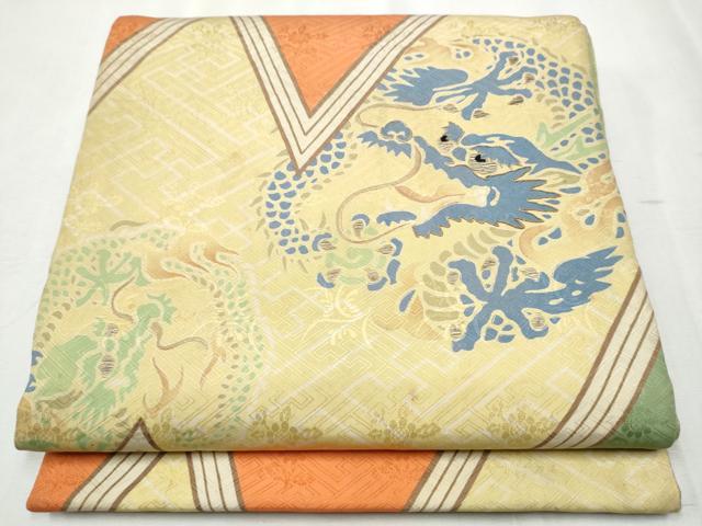 平和屋着物●アンティーク　大正ロマン　丸帯　駒刺繍　龍　引き抜き帯　正絹　逸品　CABB9354hy 平和屋着物○アンティーク 大正ロマン 振袖 駒刺繍 松皮菱枝花文 金彩