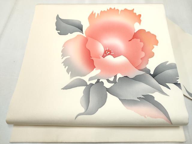 平和屋着物●塩瀬　九寸名古屋帯　手描き　枝花文　正絹　逸品　CABB9377hy