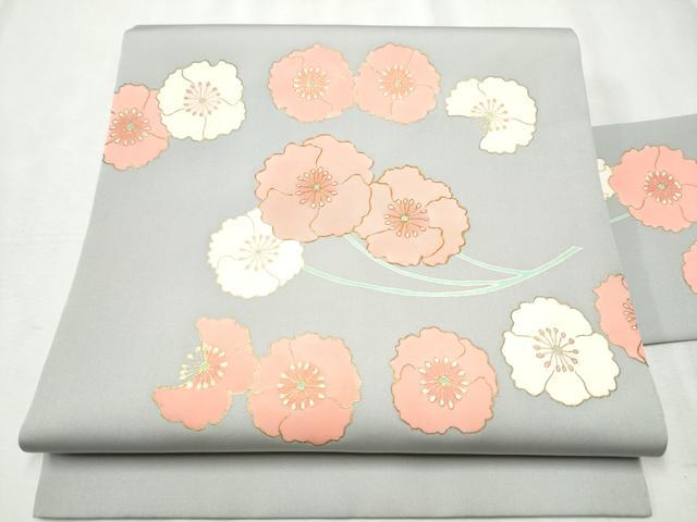 平和屋着物●塩瀬　九寸名古屋帯　駒刺繍　枝花文　金彩　正絹　逸品　CABB9392hy