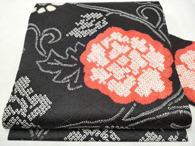 平和屋着物●全通柄　九寸名古屋帯　絞り　花唐草文　黒地　正絹　逸品　CABB9403hy
