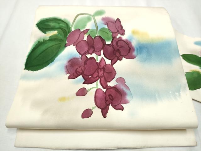 平和屋着物●塩瀬　九寸名古屋帯　ろうけつ染　胡蝶蘭　正絹　逸品　CABB9572hy