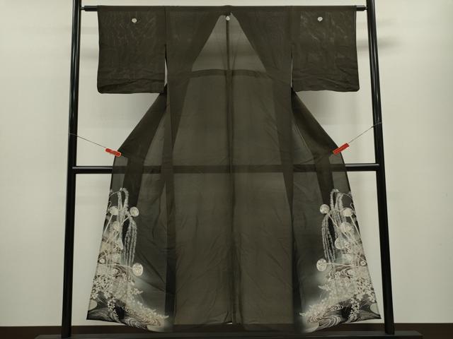 平和屋着物＊夏物　アンティーク　黒留袖　駒刺繍　絽　吉祥千鳥草花丸文　暈し染め　銀糸　正絹　逸品　CABB9800ze