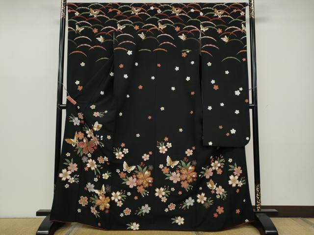 平和屋着物●豪華振袖　雪芝花蝶文　黒地　正絹　逸品　CABC2232ut