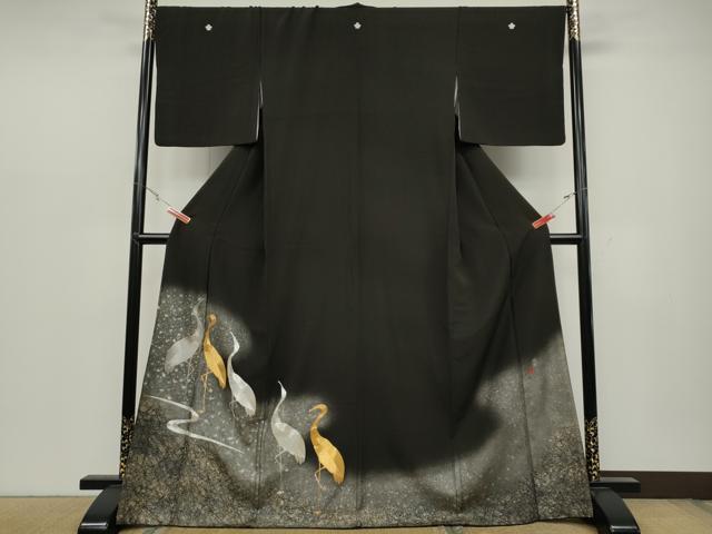 平和屋着物●国際的伝統工芸作家　十二代・藤林徳扇　苑寿　黒留袖　駒刺繍　群鶴　金銀彩　正絹　逸品　CABC2255ut 平和屋着物○国際的伝統工芸作家 十二代・藤林徳扇 苑寿 黒留袖 駒刺繍