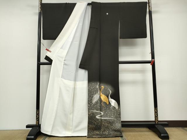 平和屋着物●国際的伝統工芸作家　十二代・藤林徳扇　苑寿　黒留袖　駒刺繍　群鶴　金銀彩　正絹　逸品　CABC2255ut 平和屋着物○国際的伝統工芸作家 十二代・藤林徳扇 苑寿 黒留袖 駒刺繍