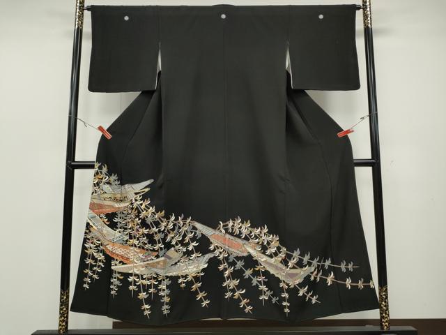 平和屋着物●豪華黒留袖　駒刺繍　船枝垂れ柳花文　金彩　正絹　逸品　CABC2256ut