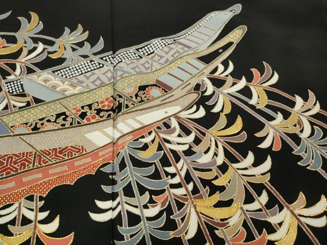 平和屋着物●豪華黒留袖　駒刺繍　船枝垂れ柳花文　金彩　正絹　逸品　CABC2256ut_2