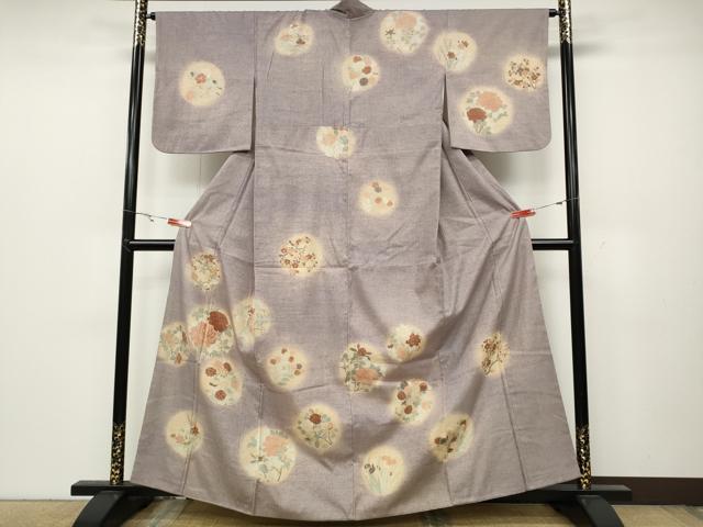 平和屋着物●訪問着　紬地　刺繍　草花丸文　正絹　逸品　CABC2294ut