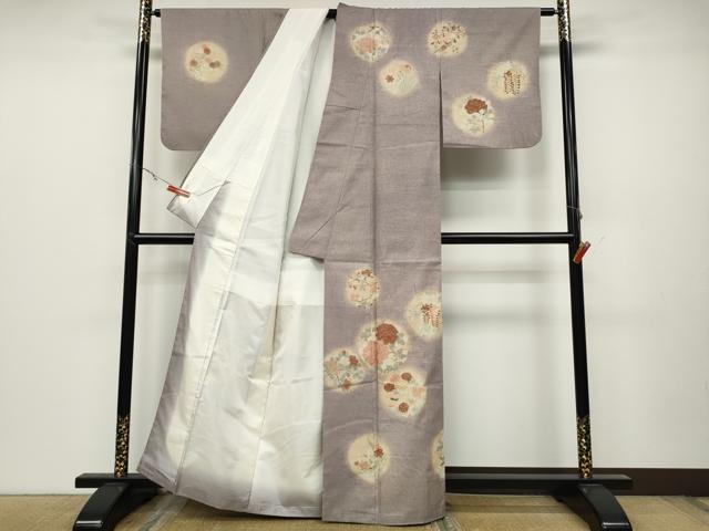 平和屋着物●訪問着　紬地　刺繍　草花丸文　正絹　逸品　CABC2294ut_1