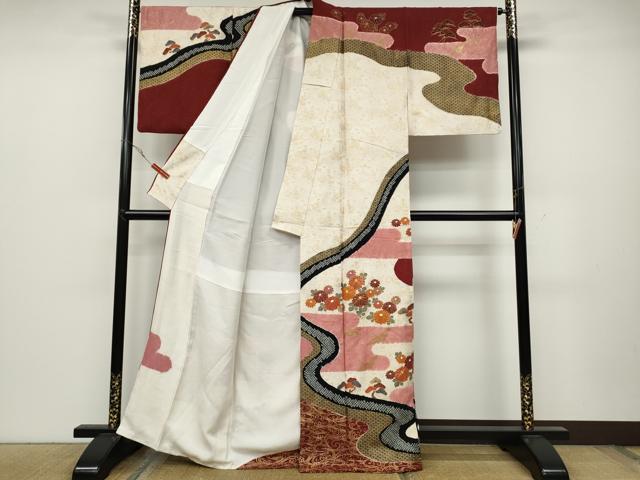 平和屋着物●訪問着　絞り　エ霞飛鶴草花文　銀通し地　正絹　逸品　CABC2298ut_1