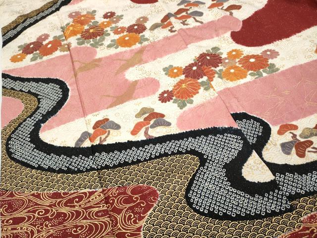 平和屋着物●訪問着　絞り　エ霞飛鶴草花文　銀通し地　正絹　逸品　CABC2298ut_3