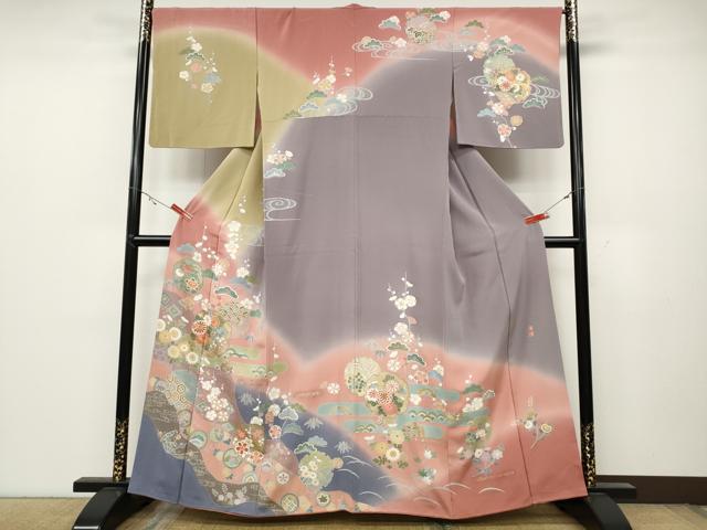 平和屋着物●訪問着　作家物　駒刺繍　道長雪輪草花文　暈し染め　金彩　正絹　逸品　CABC2307ut 平和屋着物○訪問着 作家物 駒刺繍 道長雪輪草花文 暈し染め 金彩 正絹